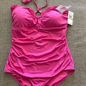 NWT  Michael Kors Pink/Gold Tone Logo Ring 1 Pc Swimsuit Size 14